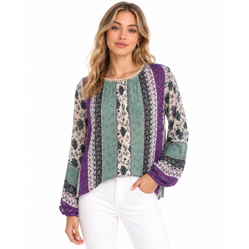 LOFT Petite Boho Floral Striped Peasant Blouse Size SP Mint‎ Purple Long Sleeve